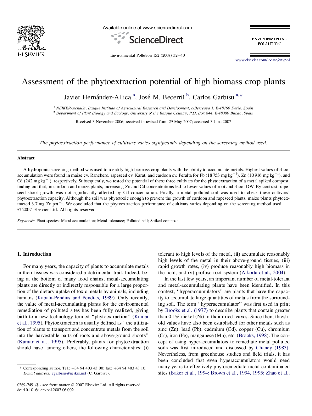 Assessment of the phytoextraction potential of high biomass crop plants