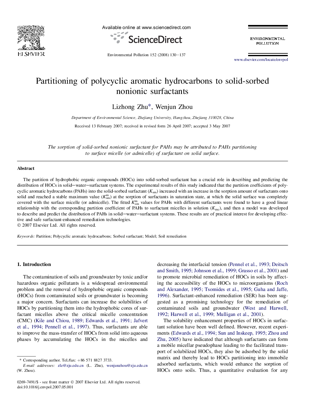 Partitioning of polycyclic aromatic hydrocarbons to solid-sorbed nonionic surfactants