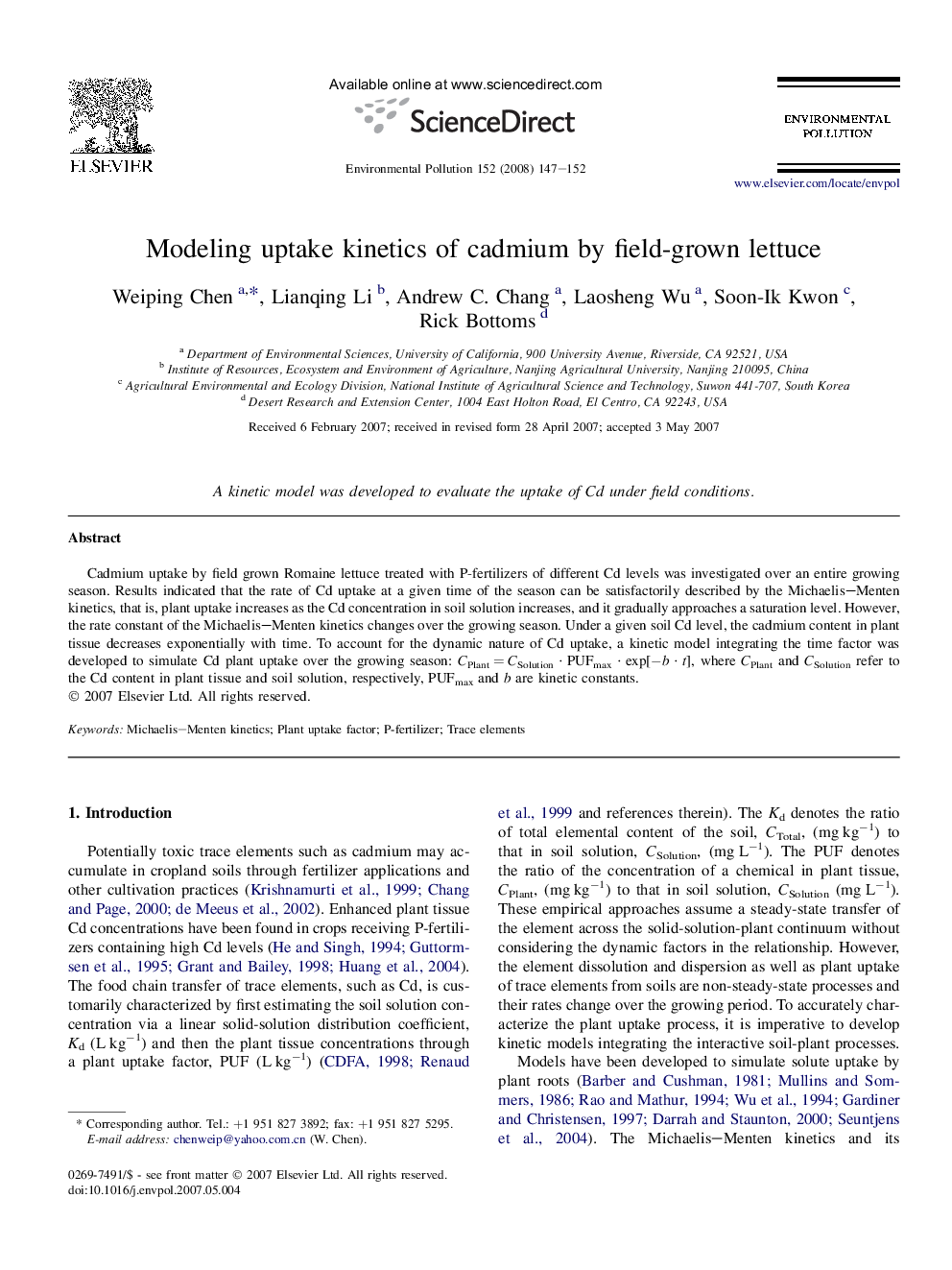 Modeling uptake kinetics of cadmium by field-grown lettuce