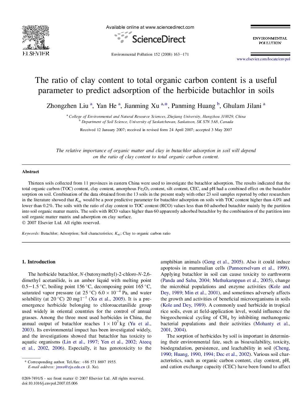 The ratio of clay content to total organic carbon content is a useful parameter to predict adsorption of the herbicide butachlor in soils