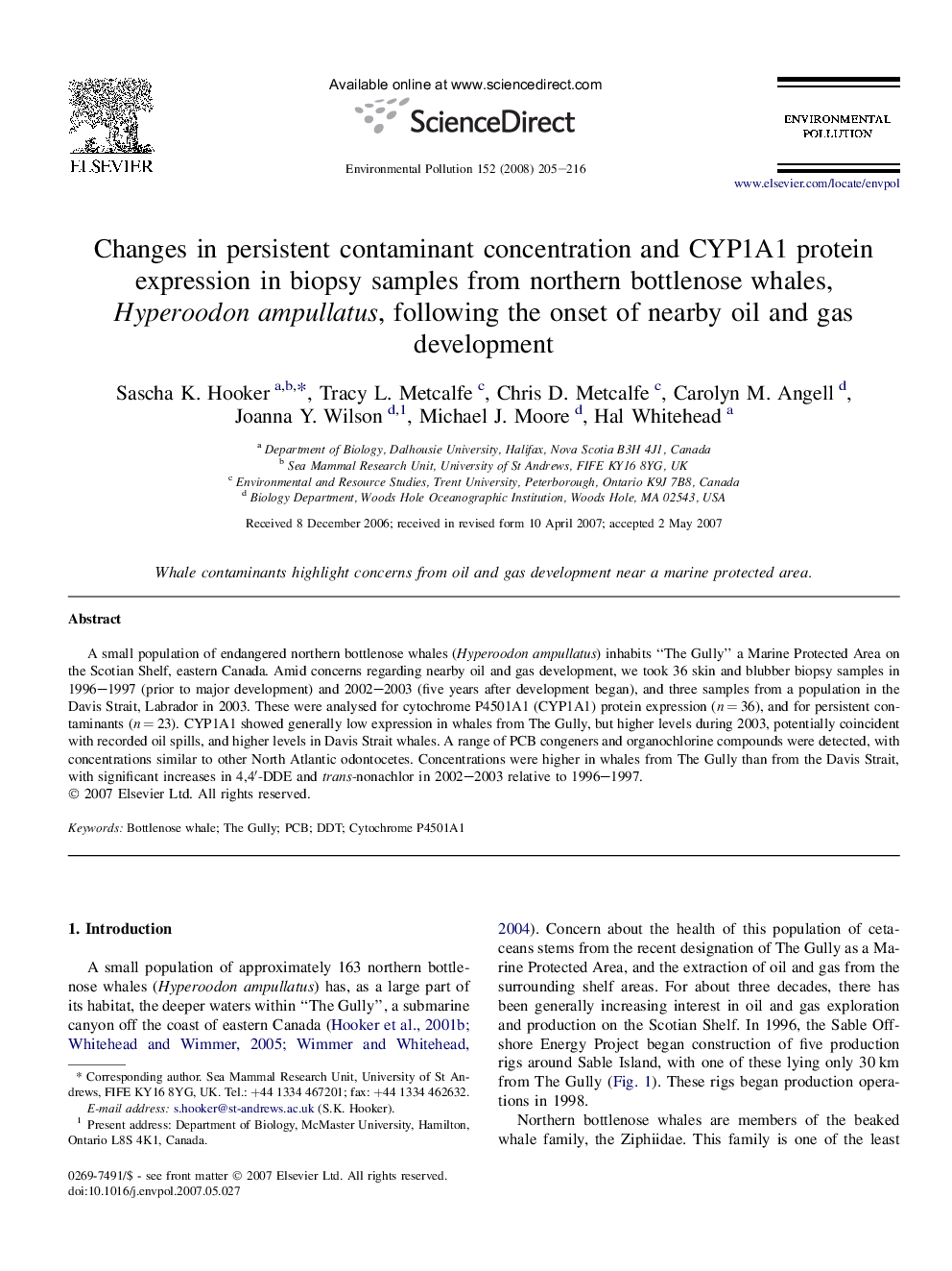 Changes in persistent contaminant concentration and CYP1A1 protein expression in biopsy samples from northern bottlenose whales, Hyperoodon ampullatus, following the onset of nearby oil and gas development