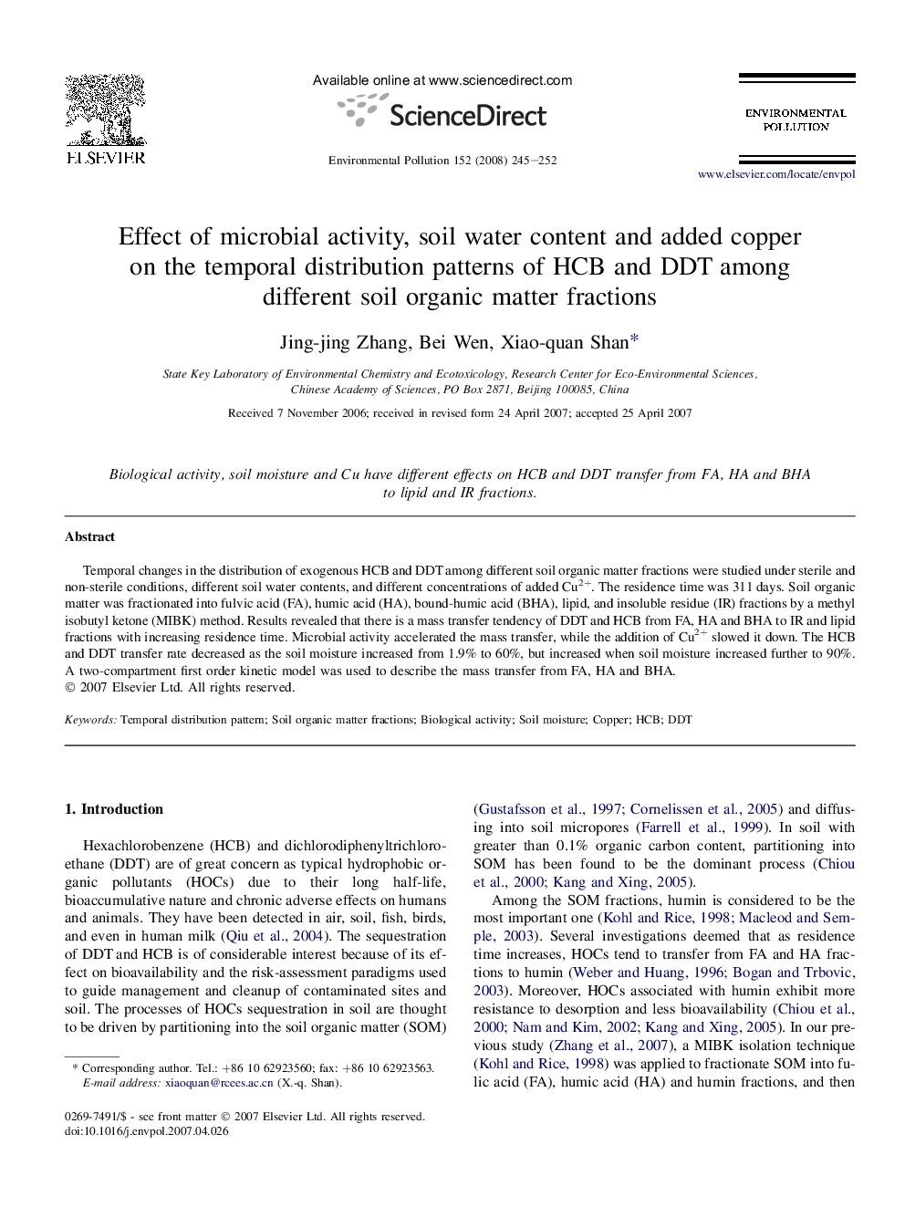 Effect of microbial activity, soil water content and added copper on the temporal distribution patterns of HCB and DDT among different soil organic matter fractions