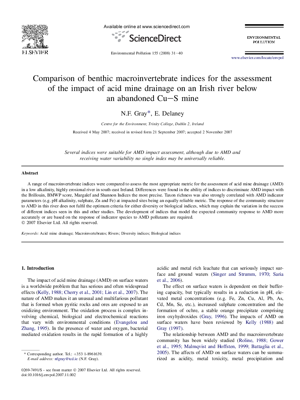 Comparison of benthic macroinvertebrate indices for the assessment of the impact of acid mine drainage on an Irish river below an abandoned Cu–S mine