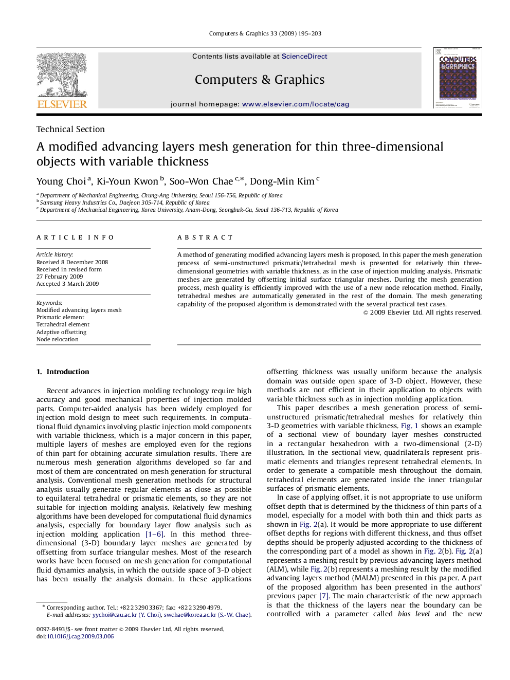 A modified advancing layers mesh generation for thin three-dimensional objects with variable thickness