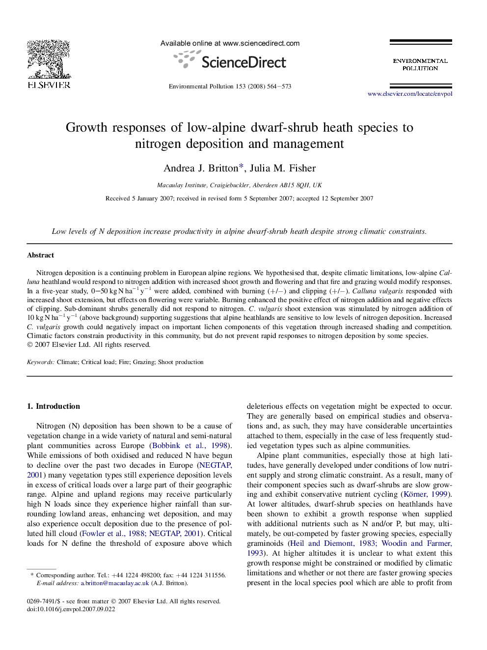 Growth responses of low-alpine dwarf-shrub heath species to nitrogen deposition and management