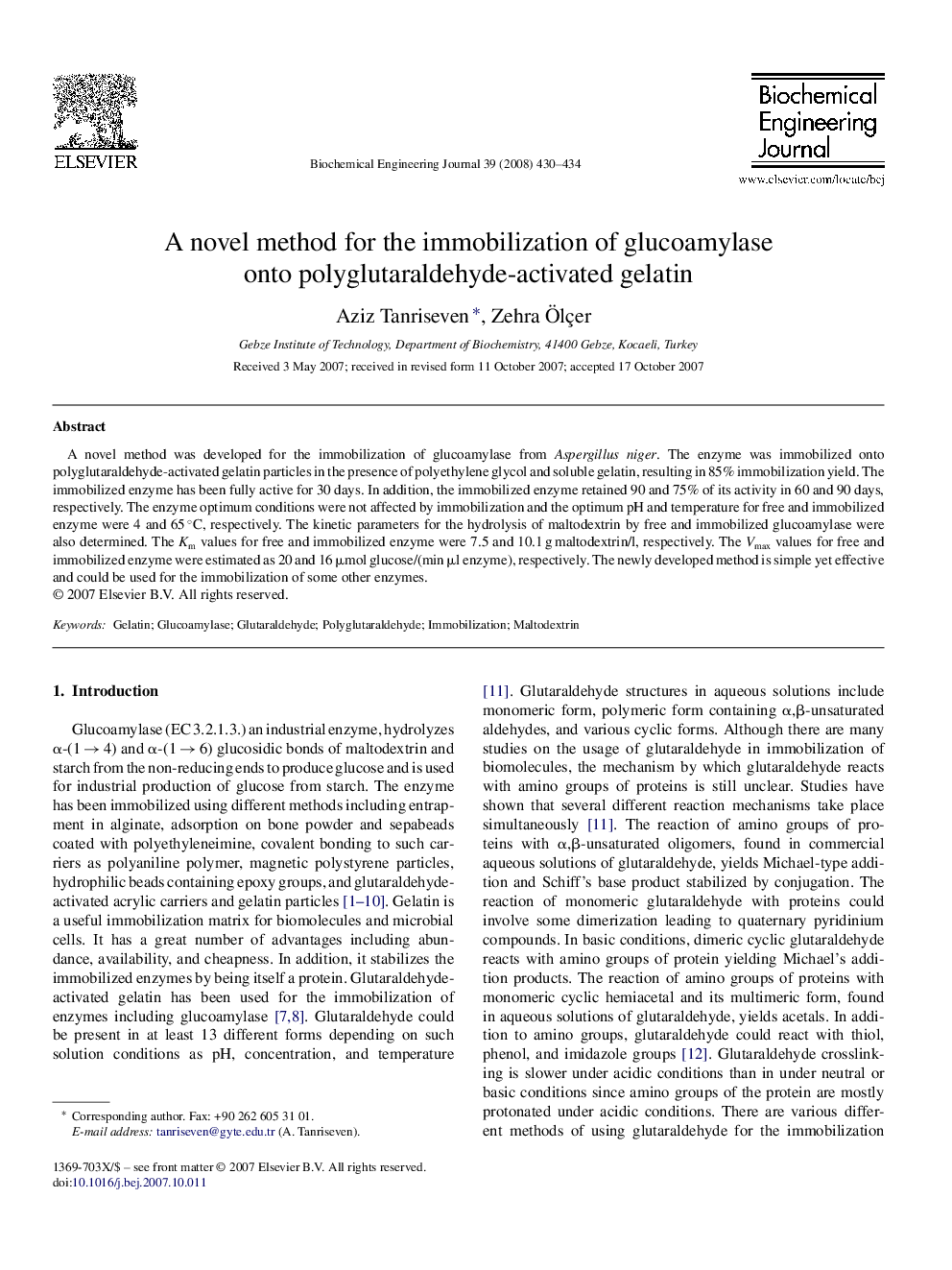 A novel method for the immobilization of glucoamylase onto polyglutaraldehyde-activated gelatin