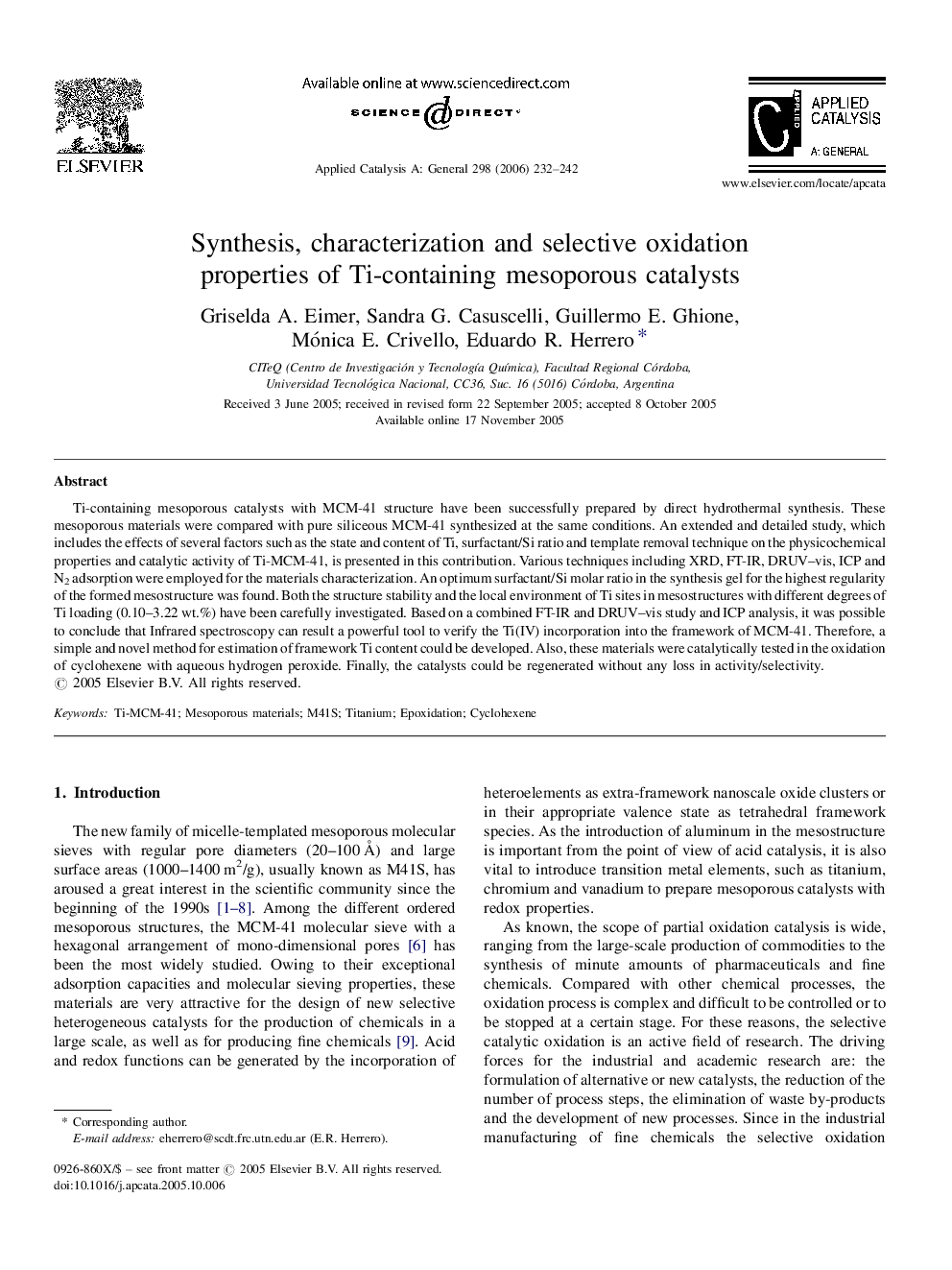 Synthesis, characterization and selective oxidation properties of Ti-containing mesoporous catalysts