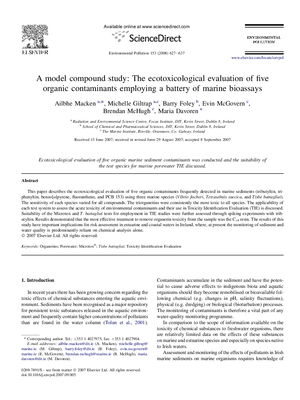 A model compound study: The ecotoxicological evaluation of five organic contaminants employing a battery of marine bioassays