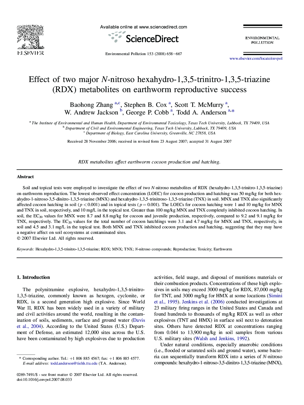 Effect of two major N-nitroso hexahydro-1,3,5-trinitro-1,3,5-triazine (RDX) metabolites on earthworm reproductive success