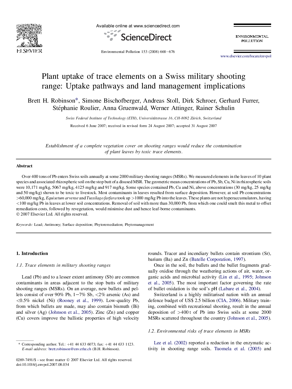 Plant uptake of trace elements on a Swiss military shooting range: Uptake pathways and land management implications