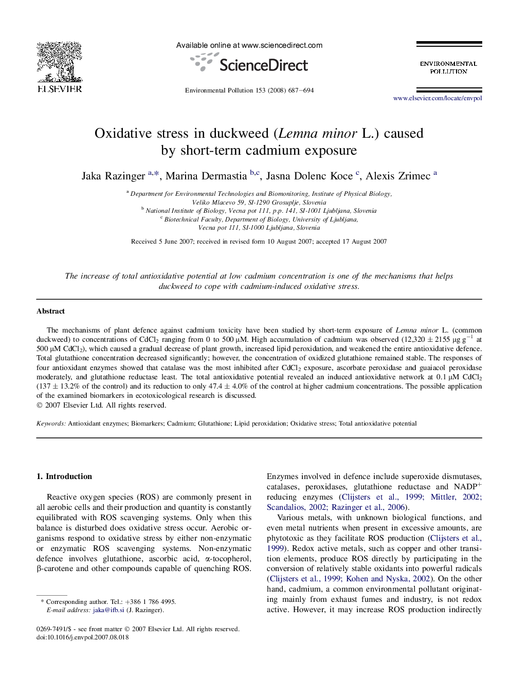 Oxidative stress in duckweed (Lemna minor L.) caused by short-term cadmium exposure