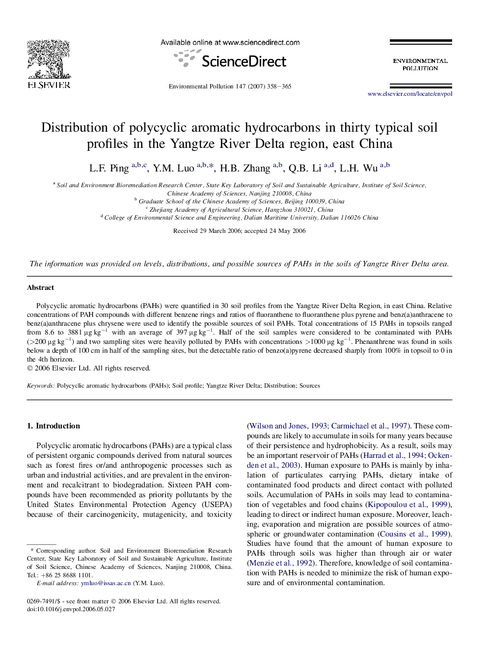 Distribution of polycyclic aromatic hydrocarbons in thirty typical soil profiles in the Yangtze River Delta region, east China