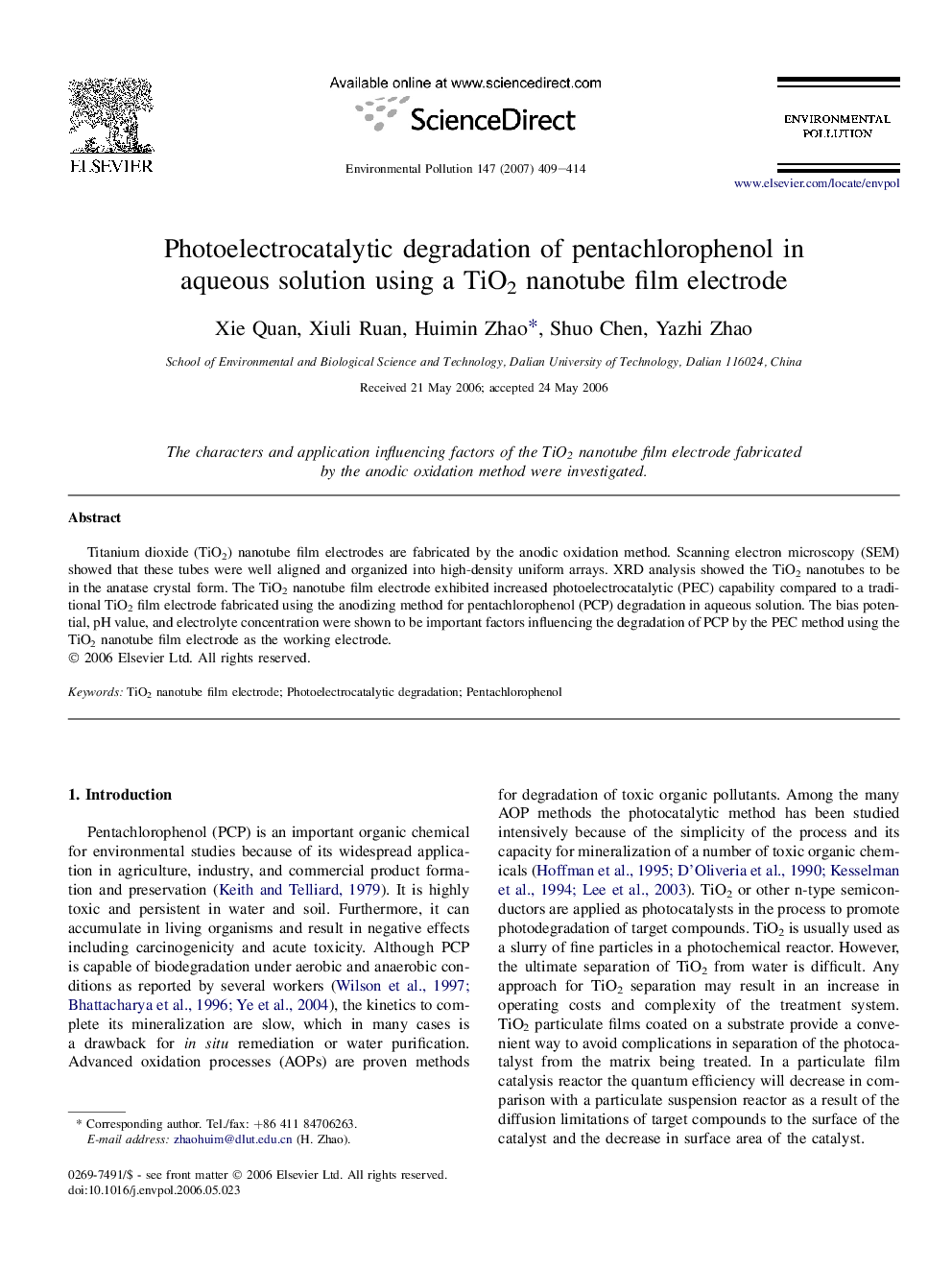 Photoelectrocatalytic degradation of pentachlorophenol in aqueous solution using a TiO2 nanotube film electrode