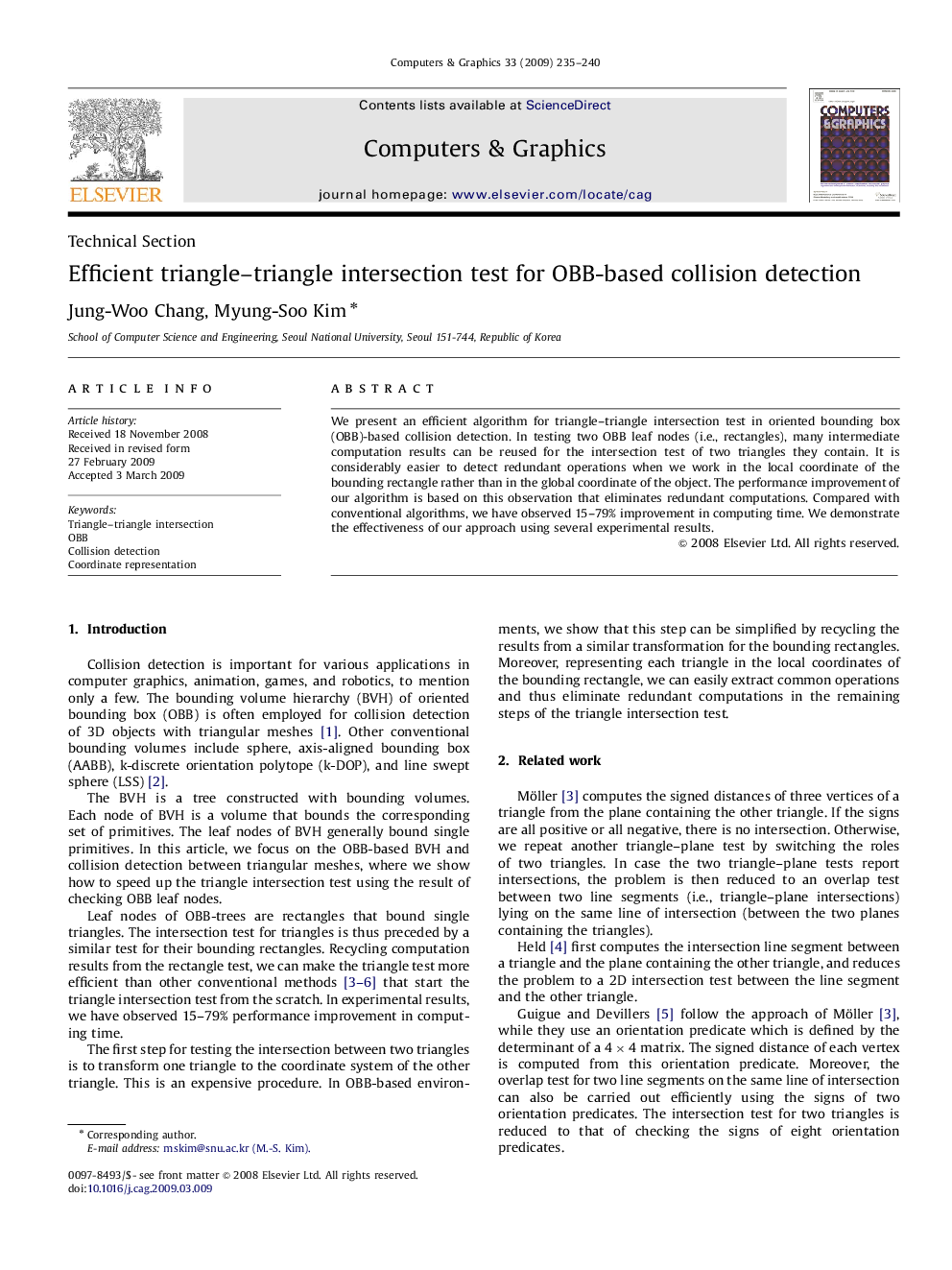 Efficient triangle–triangle intersection test for OBB-based collision detection