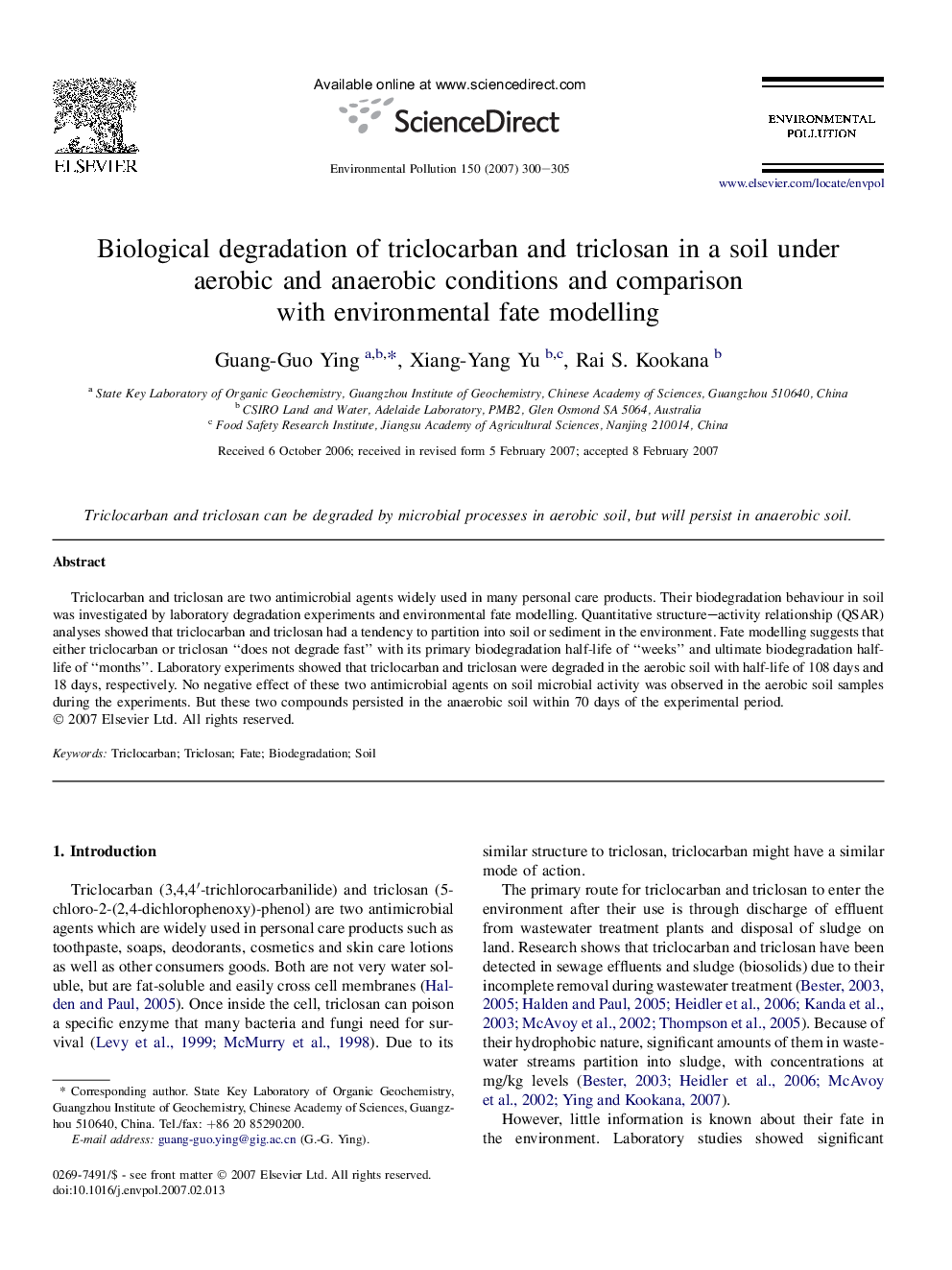 Biological degradation of triclocarban and triclosan in a soil under aerobic and anaerobic conditions and comparison with environmental fate modelling