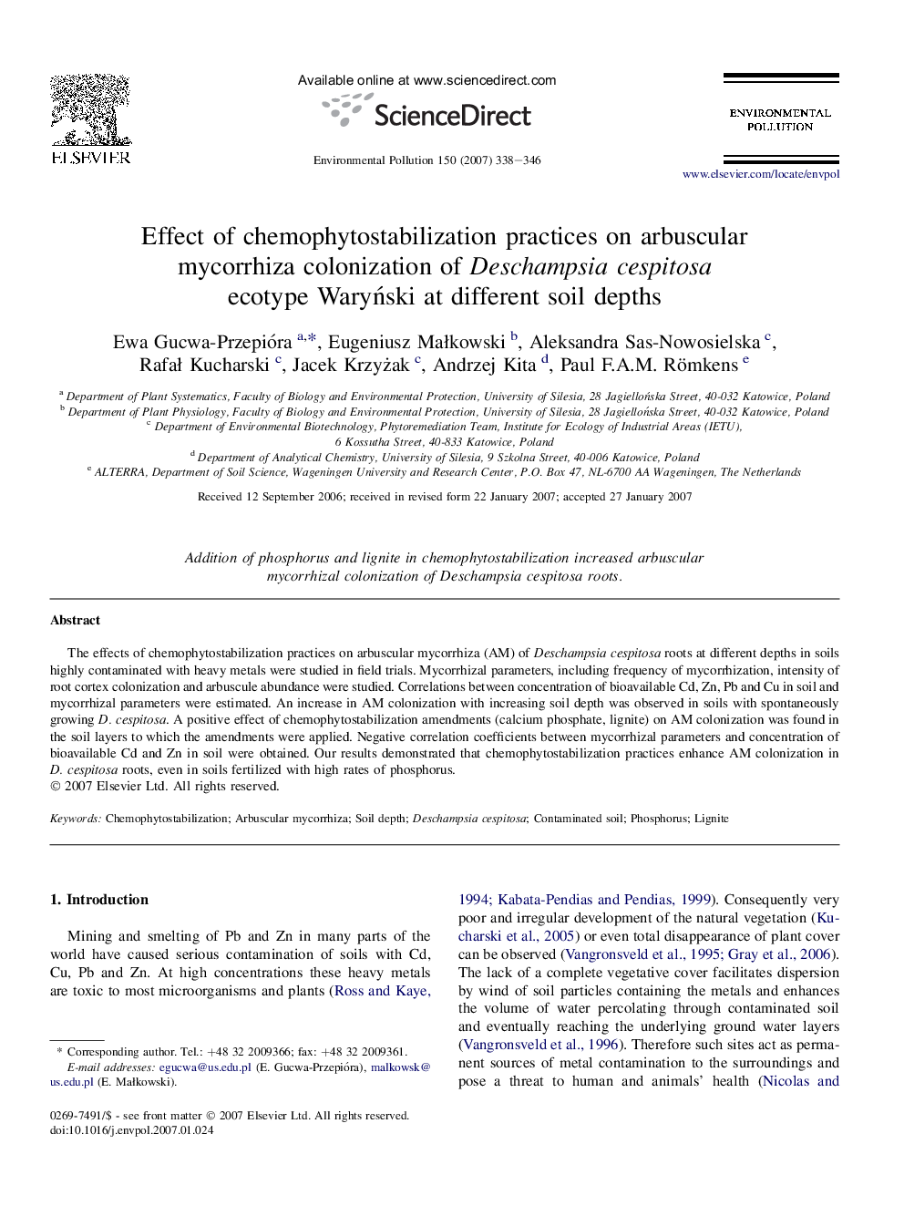 Effect of chemophytostabilization practices on arbuscular mycorrhiza colonization of Deschampsia cespitosa ecotype Waryński at different soil depths