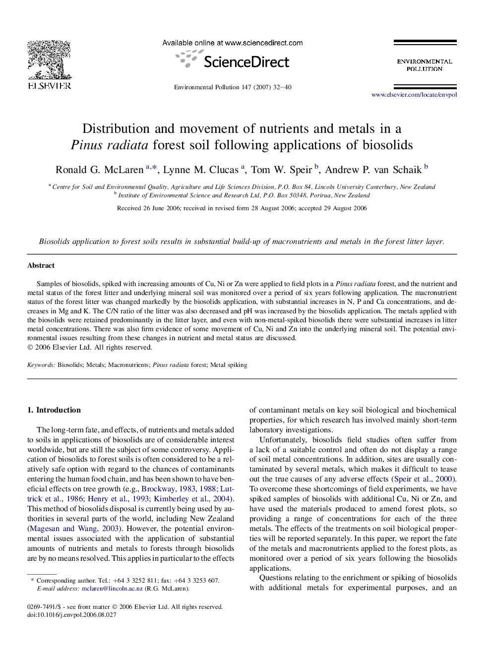 Distribution and movement of nutrients and metals in a Pinus radiata forest soil following applications of biosolids