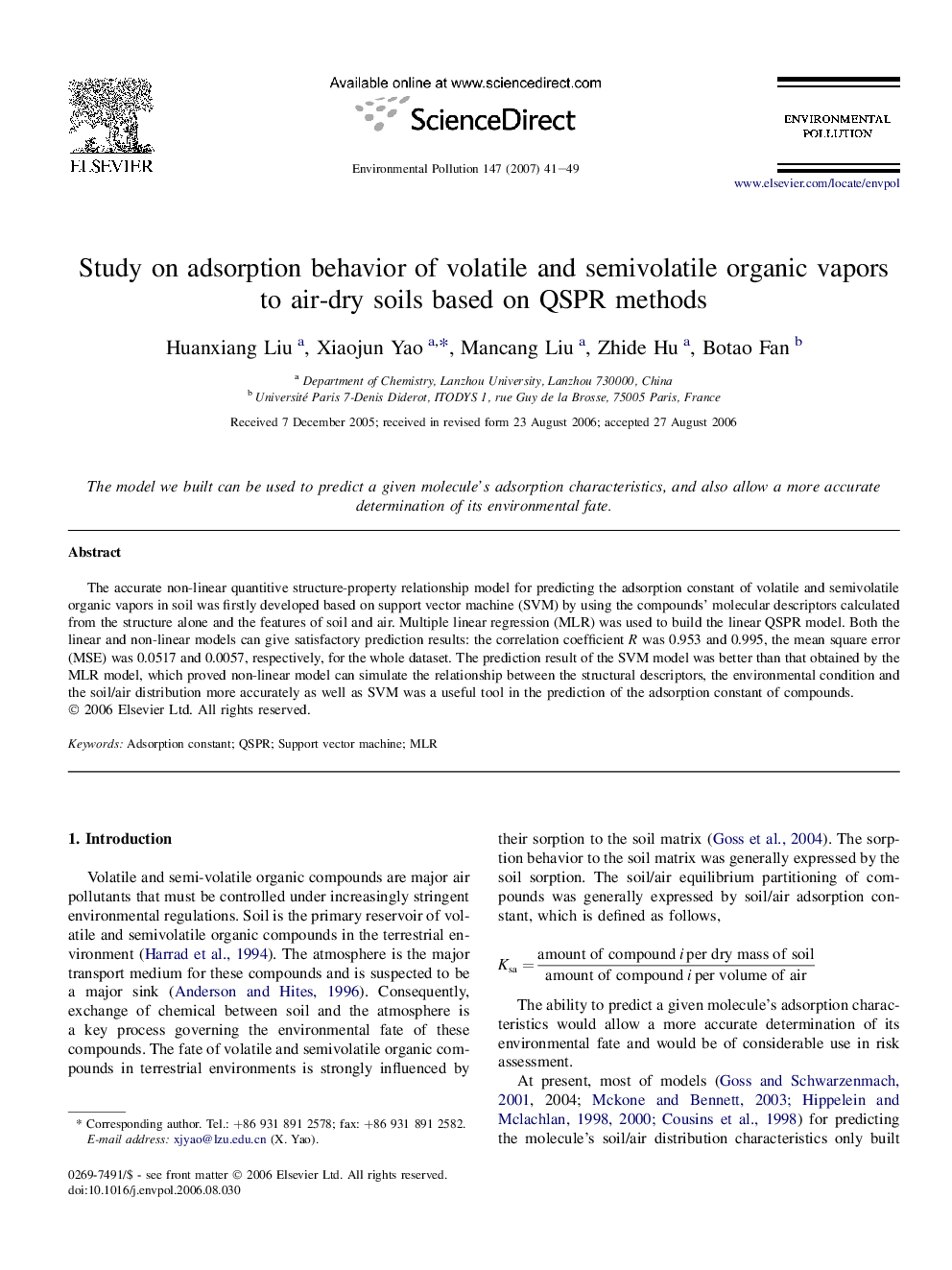 Study on adsorption behavior of volatile and semivolatile organic vapors to air-dry soils based on QSPR methods