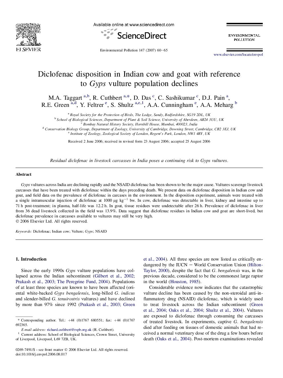 Diclofenac disposition in Indian cow and goat with reference to Gyps vulture population declines