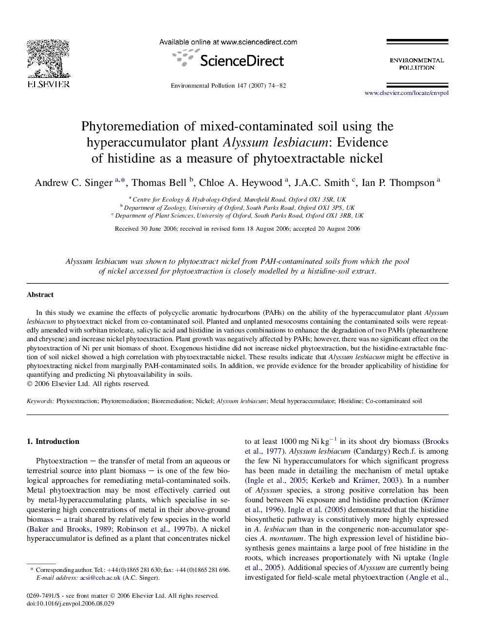 Phytoremediation of mixed-contaminated soil using the hyperaccumulator plant Alyssum lesbiacum: Evidence of histidine as a measure of phytoextractable nickel