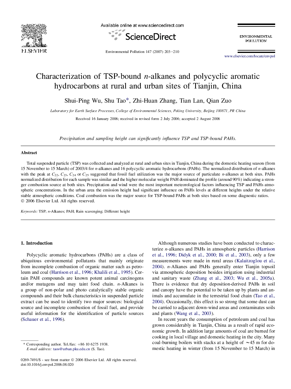 Characterization of TSP-bound n-alkanes and polycyclic aromatic hydrocarbons at rural and urban sites of Tianjin, China