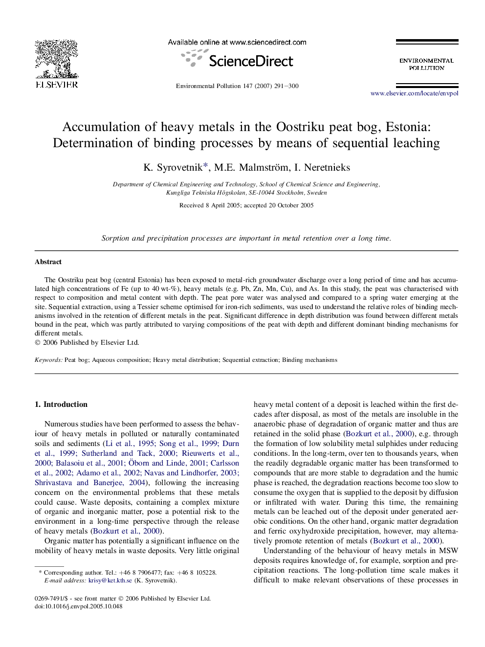 Accumulation of heavy metals in the Oostriku peat bog, Estonia: Determination of binding processes by means of sequential leaching