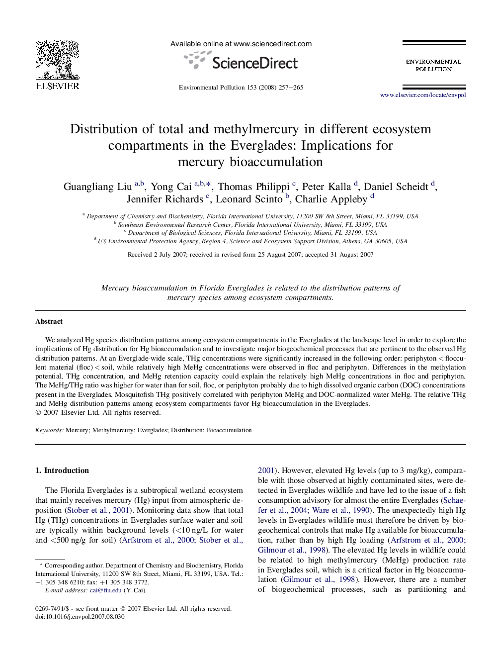 Distribution of total and methylmercury in different ecosystem compartments in the Everglades: Implications for mercury bioaccumulation