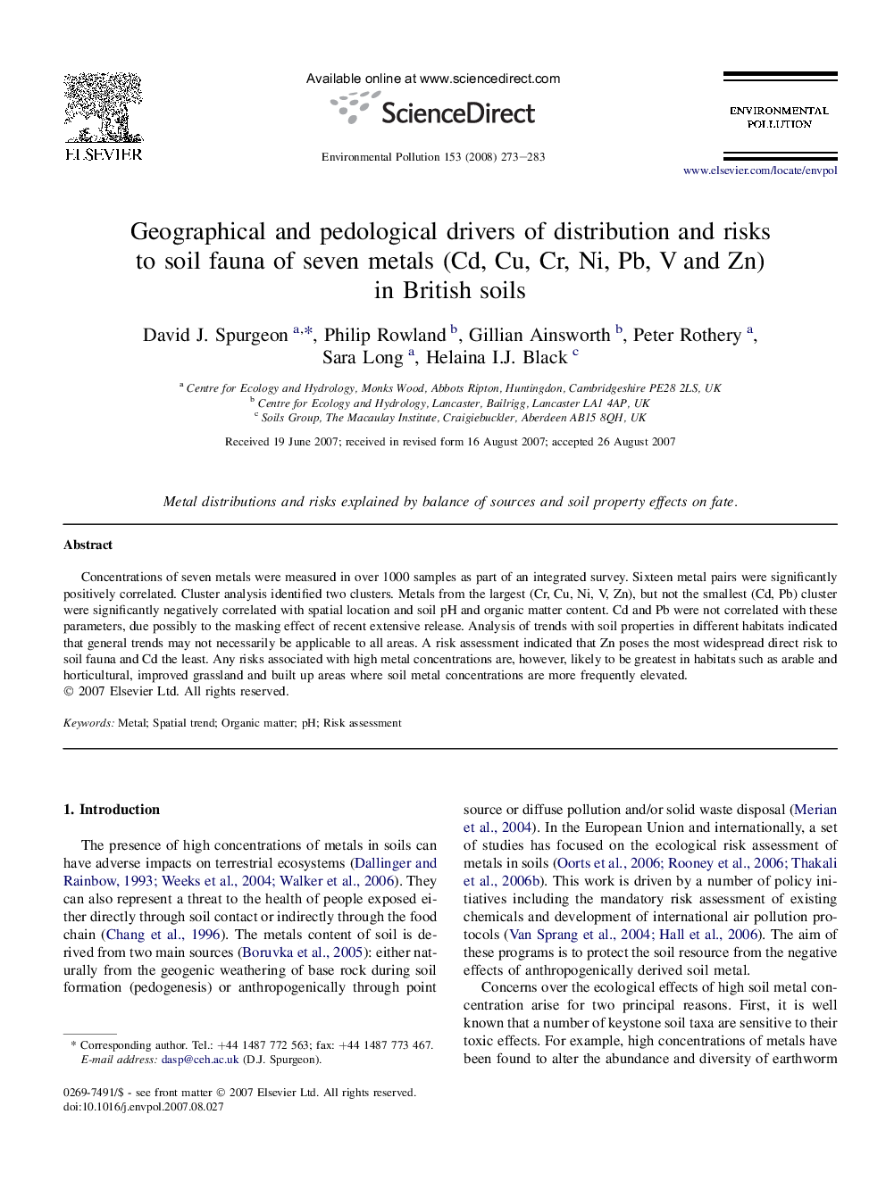 Geographical and pedological drivers of distribution and risks to soil fauna of seven metals (Cd, Cu, Cr, Ni, Pb, V and Zn) in British soils