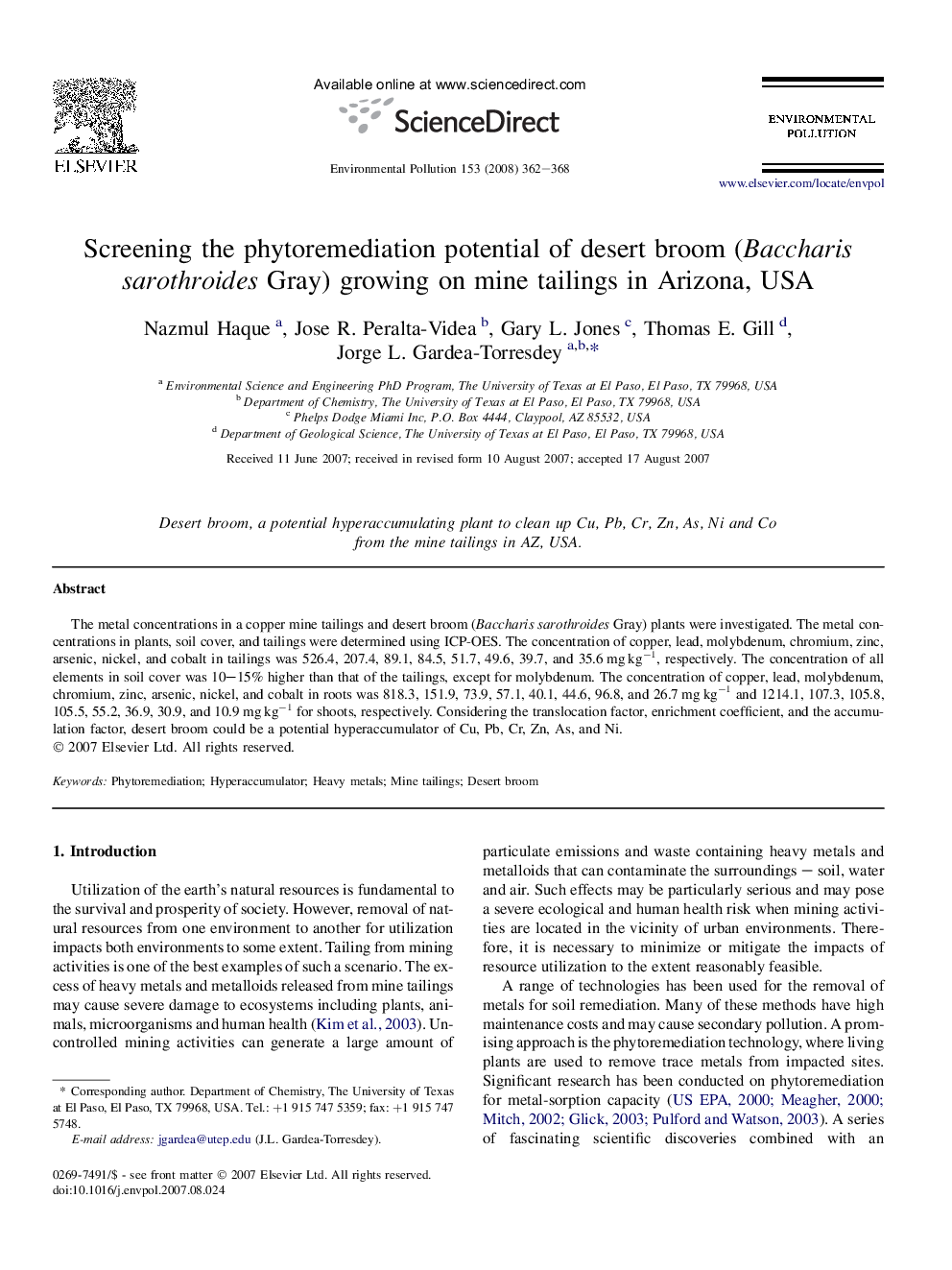 Screening the phytoremediation potential of desert broom (Baccharis sarothroides Gray) growing on mine tailings in Arizona, USA