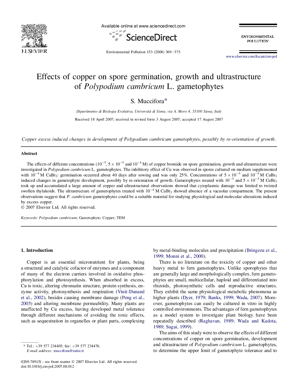 Effects of copper on spore germination, growth and ultrastructure of Polypodium cambricum L. gametophytes