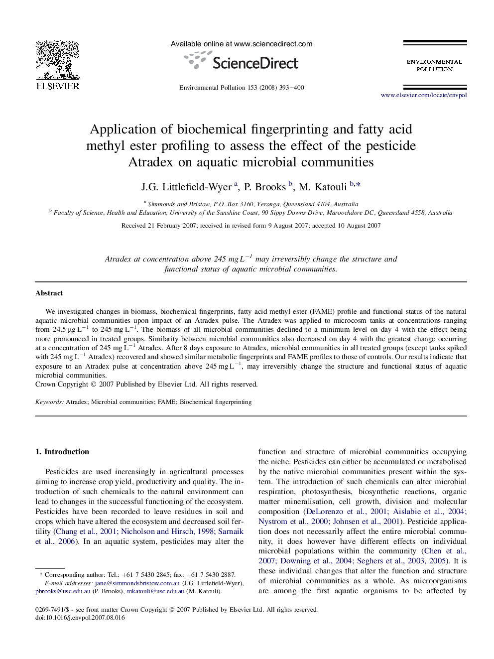 Application of biochemical fingerprinting and fatty acid methyl ester profiling to assess the effect of the pesticide Atradex on aquatic microbial communities