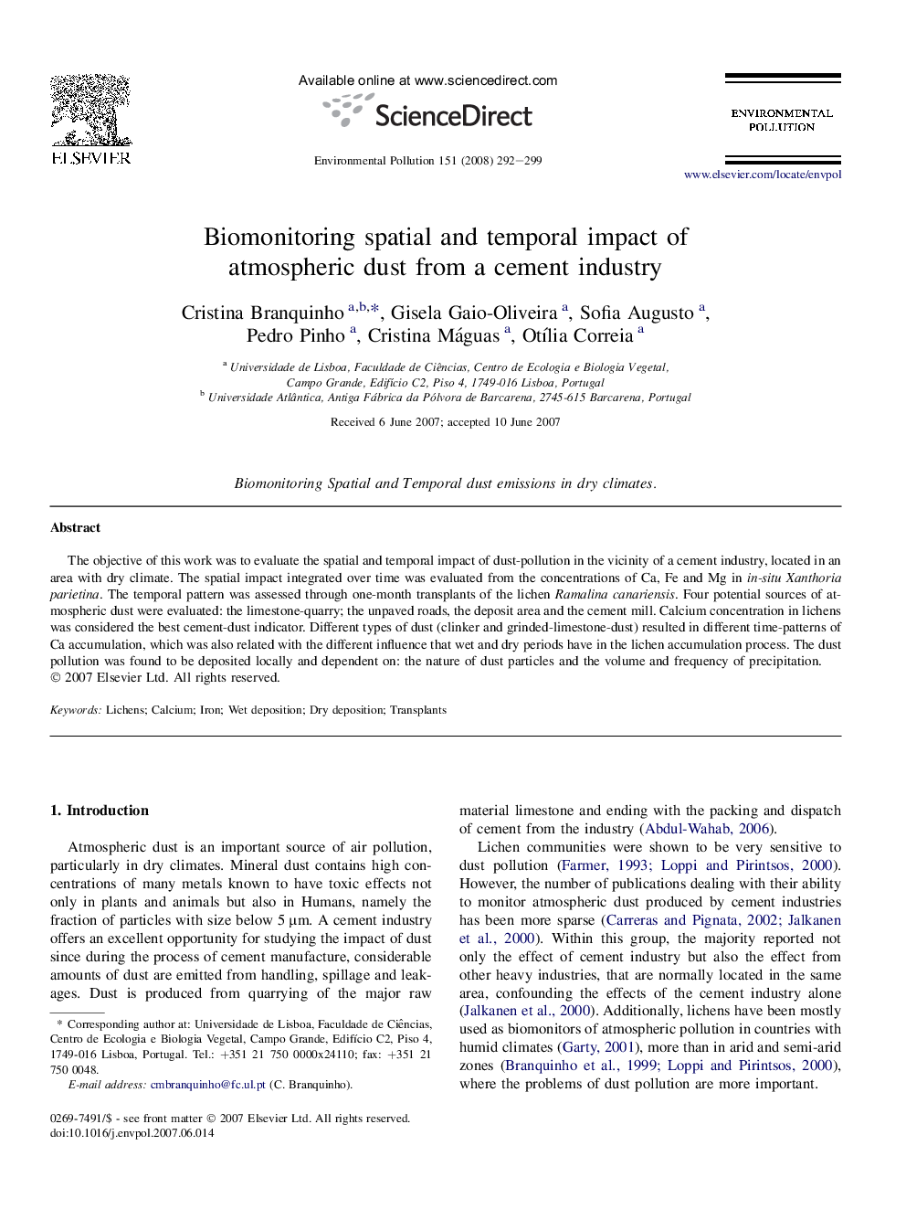 Biomonitoring spatial and temporal impact of atmospheric dust from a cement industry