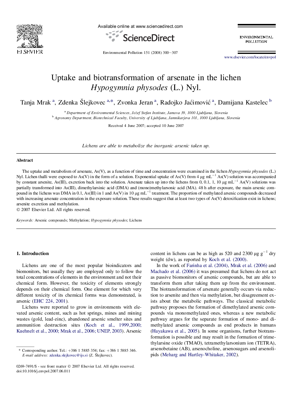 Uptake and biotransformation of arsenate in the lichen Hypogymnia physodes (L.) Nyl.