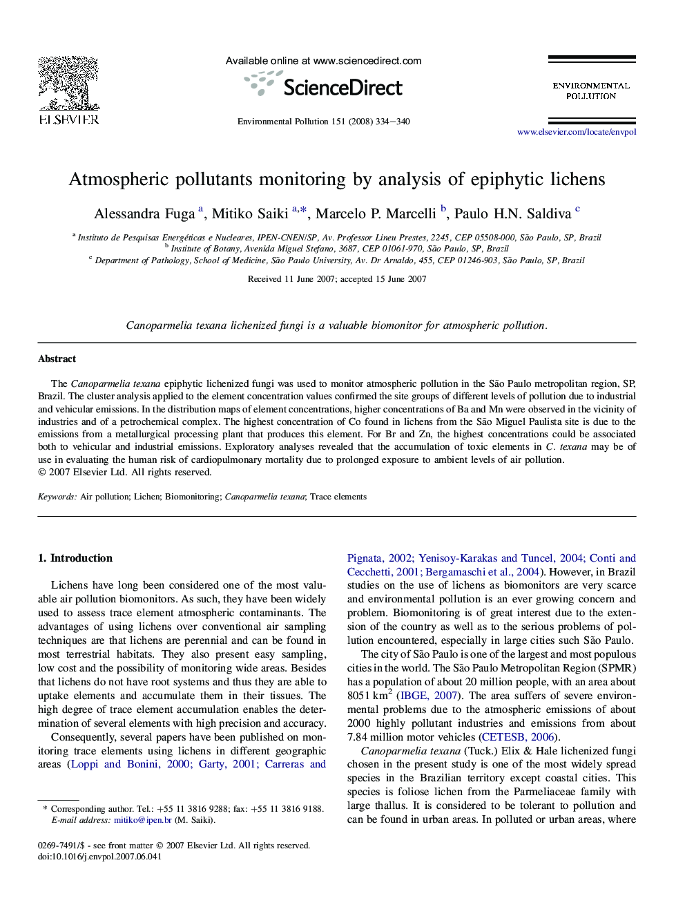 Atmospheric pollutants monitoring by analysis of epiphytic lichens