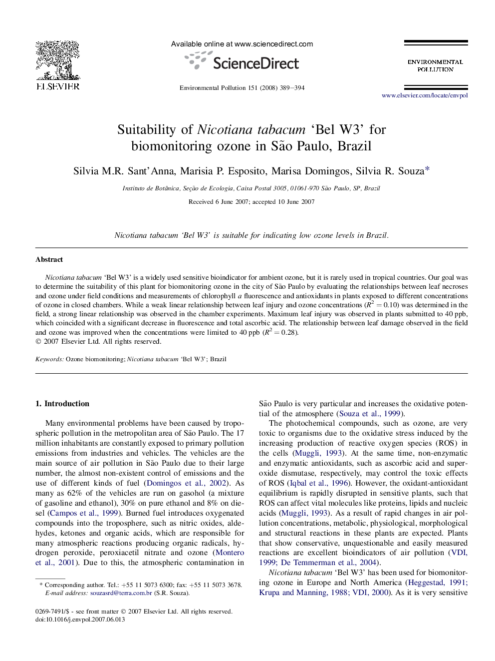 Suitability of Nicotiana tabacum ‘Bel W3’ for biomonitoring ozone in São Paulo, Brazil