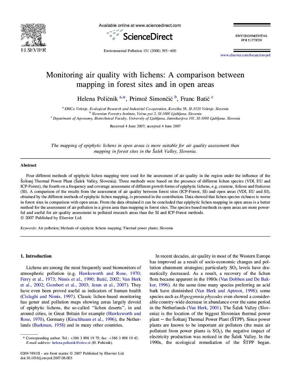 Monitoring air quality with lichens: A comparison between mapping in forest sites and in open areas