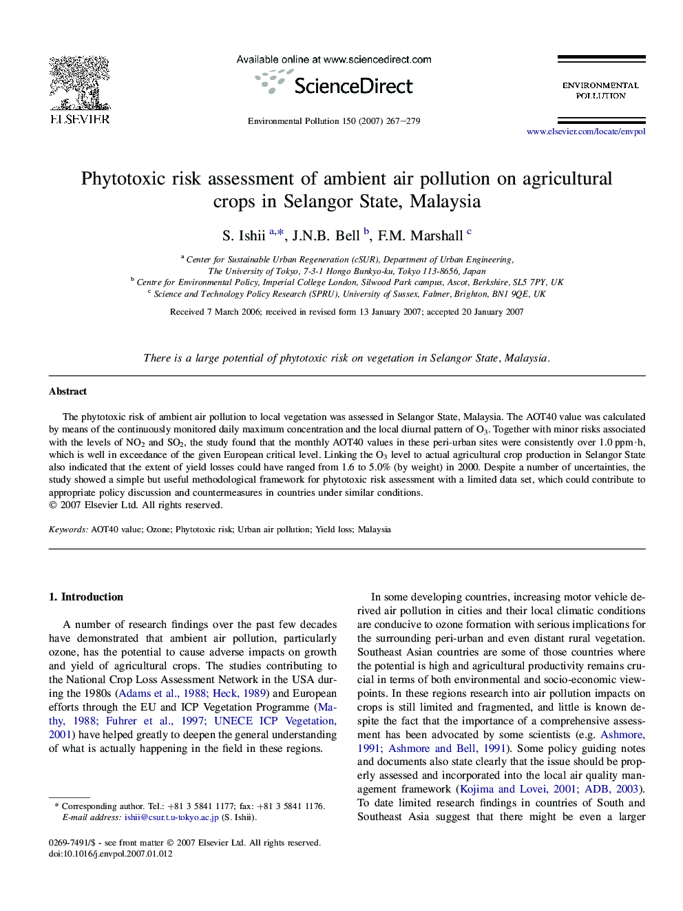 Phytotoxic risk assessment of ambient air pollution on agricultural crops in Selangor State, Malaysia