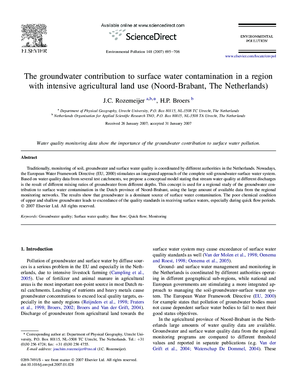 The groundwater contribution to surface water contamination in a region with intensive agricultural land use (Noord-Brabant, The Netherlands)