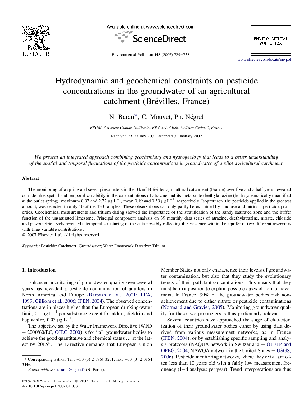 Hydrodynamic and geochemical constraints on pesticide concentrations in the groundwater of an agricultural catchment (Brévilles, France)