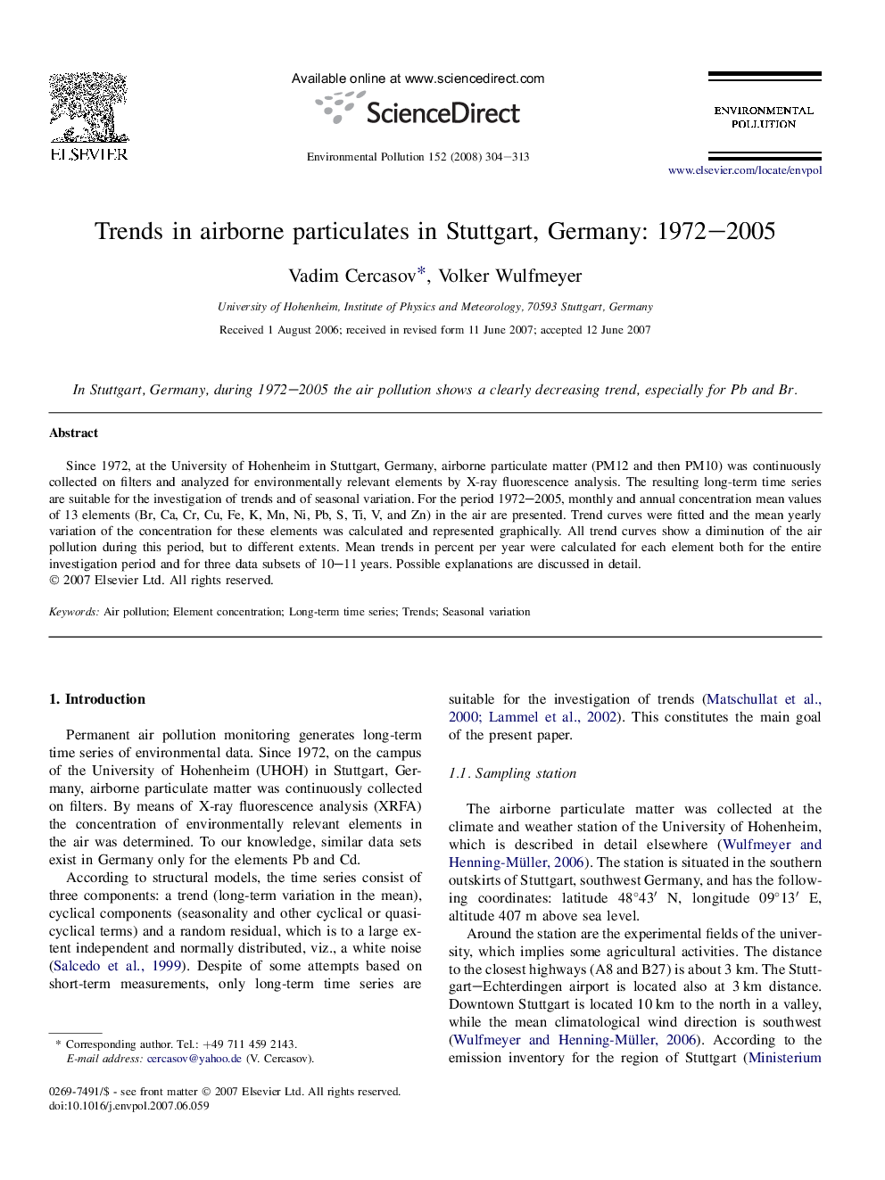 Trends in airborne particulates in Stuttgart, Germany: 1972–2005