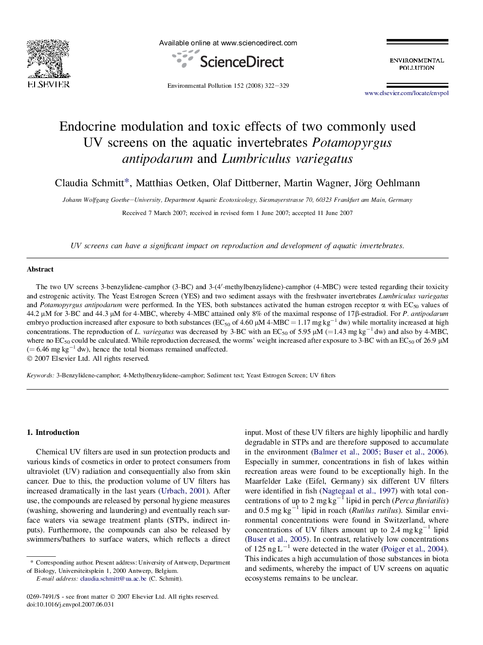 Endocrine modulation and toxic effects of two commonly used UV screens on the aquatic invertebrates Potamopyrgus antipodarum and Lumbriculus variegatus