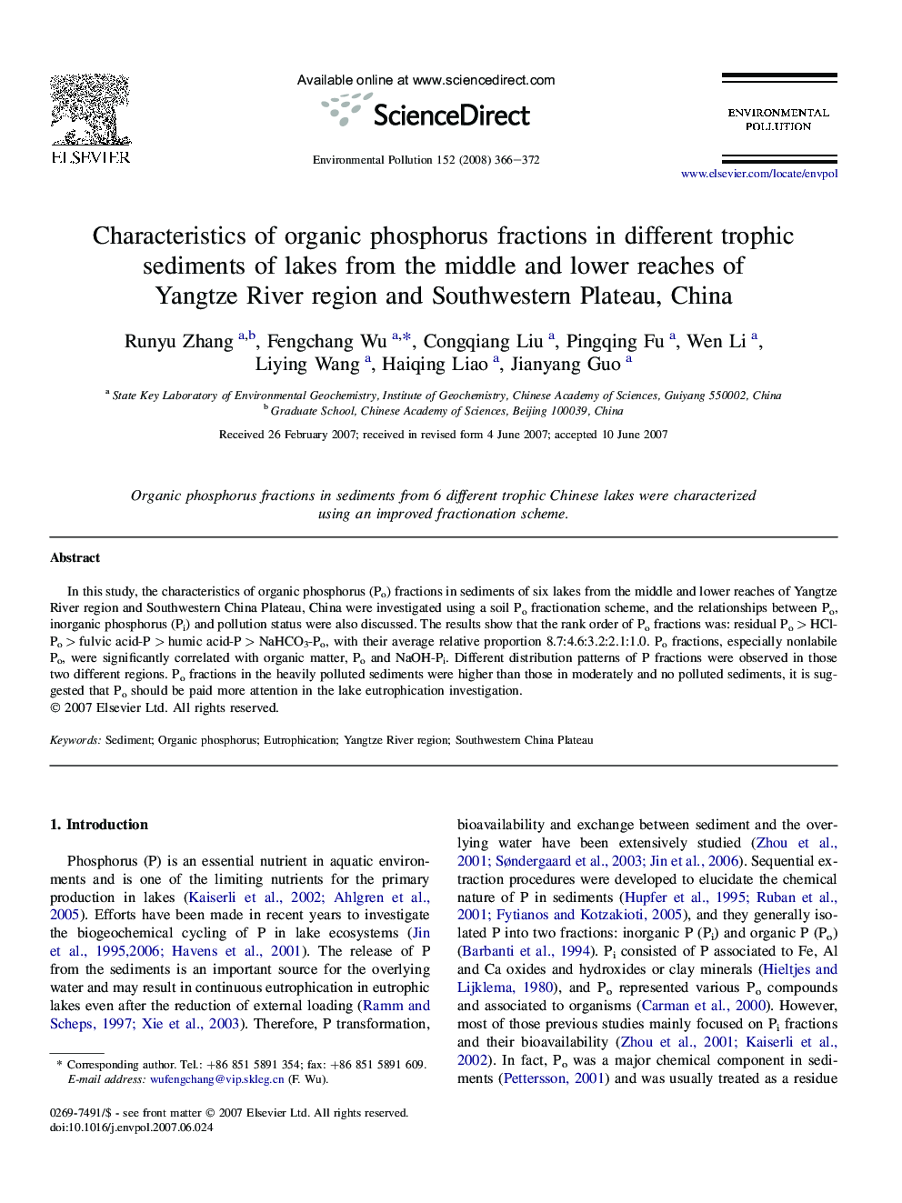 Characteristics of organic phosphorus fractions in different trophic sediments of lakes from the middle and lower reaches of Yangtze River region and Southwestern Plateau, China