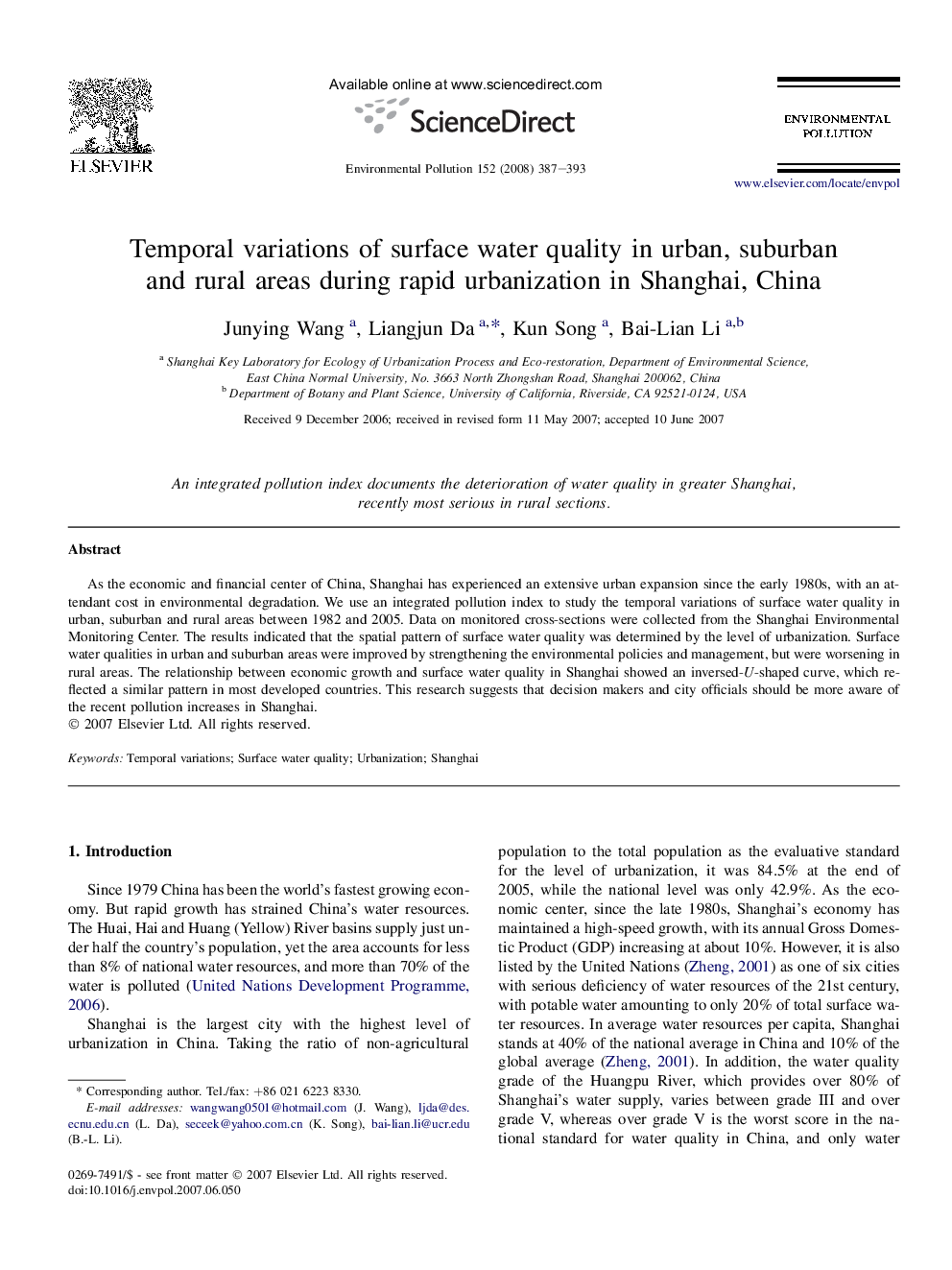 Temporal variations of surface water quality in urban, suburban and rural areas during rapid urbanization in Shanghai, China