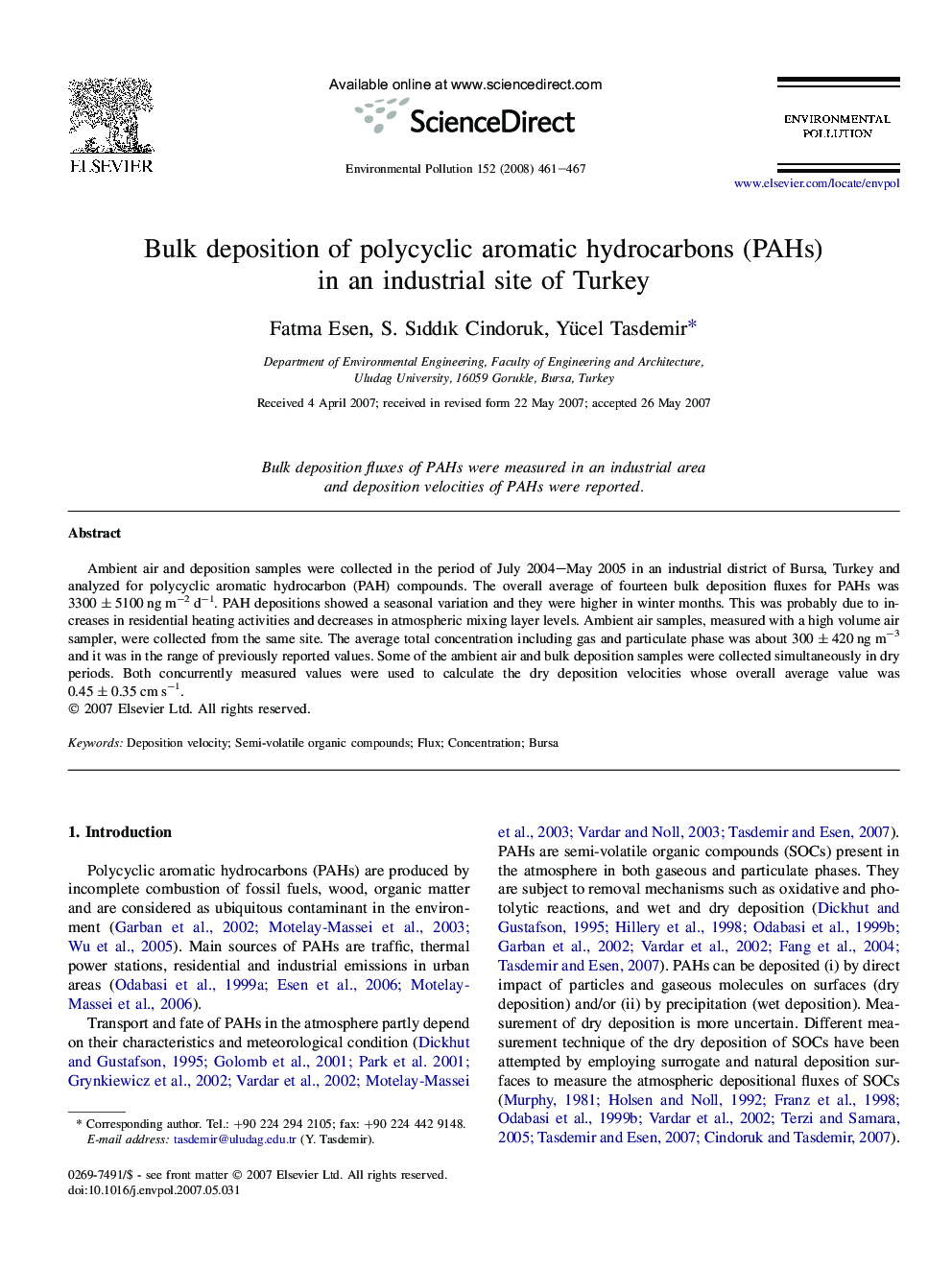 Bulk deposition of polycyclic aromatic hydrocarbons (PAHs) in an industrial site of Turkey