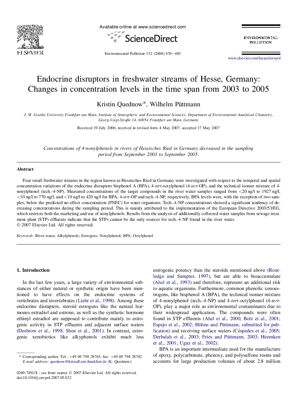 Endocrine disruptors in freshwater streams of Hesse, Germany: Changes in concentration levels in the time span from 2003 to 2005