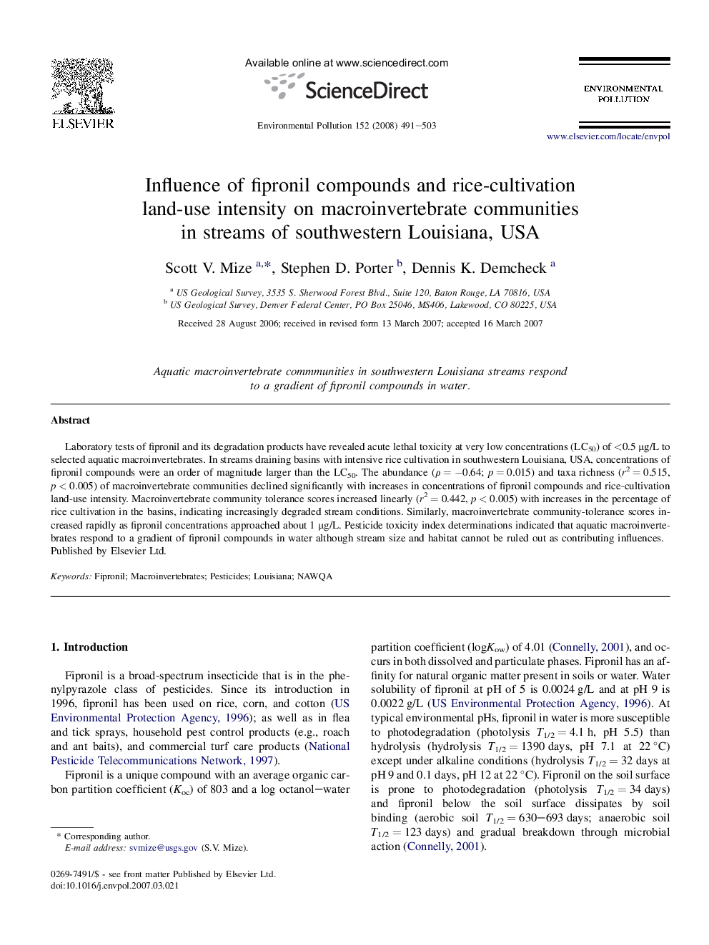 Influence of fipronil compounds and rice-cultivation land-use intensity on macroinvertebrate communities in streams of southwestern Louisiana, USA