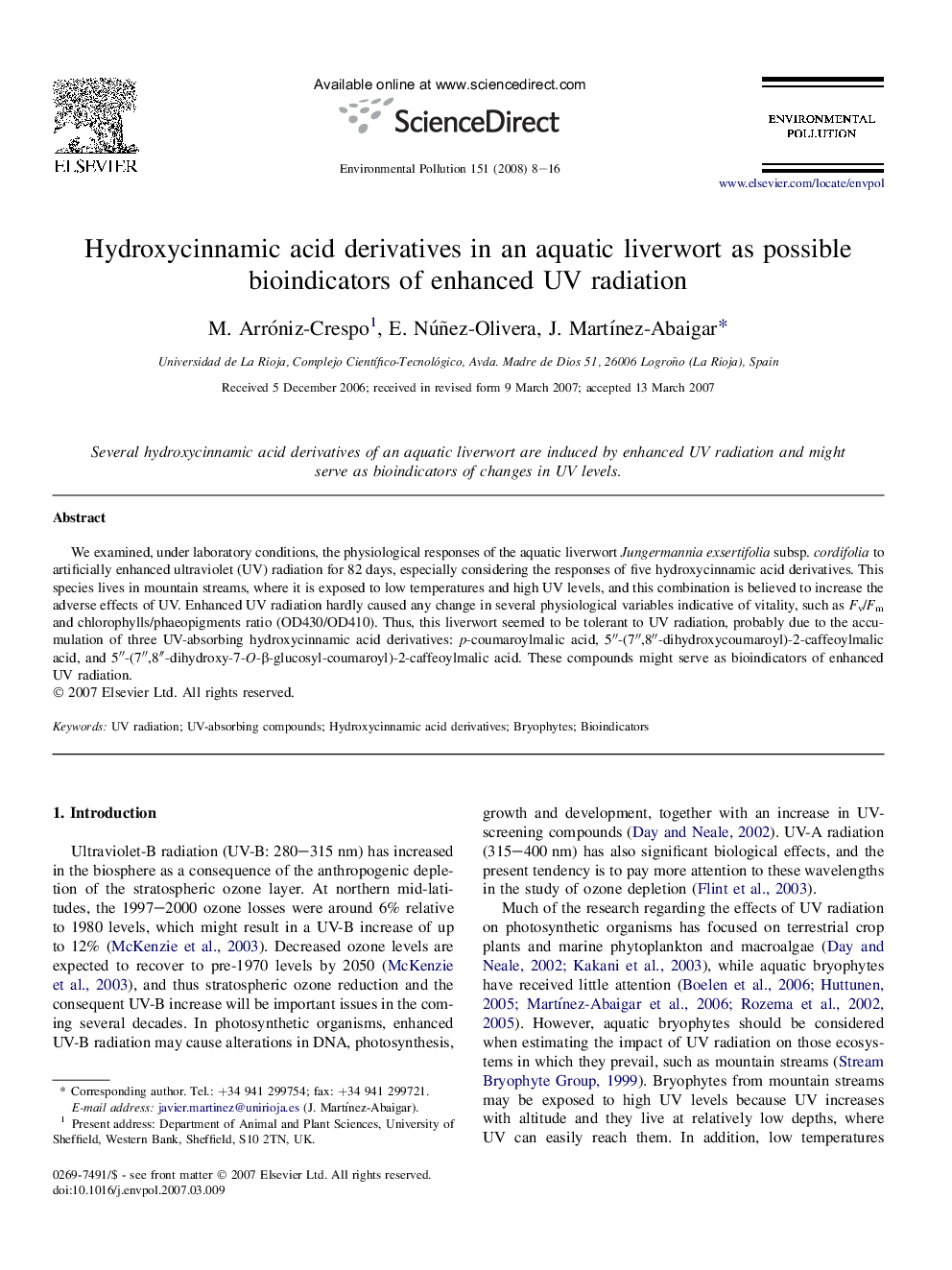 Hydroxycinnamic acid derivatives in an aquatic liverwort as possible bioindicators of enhanced UV radiation