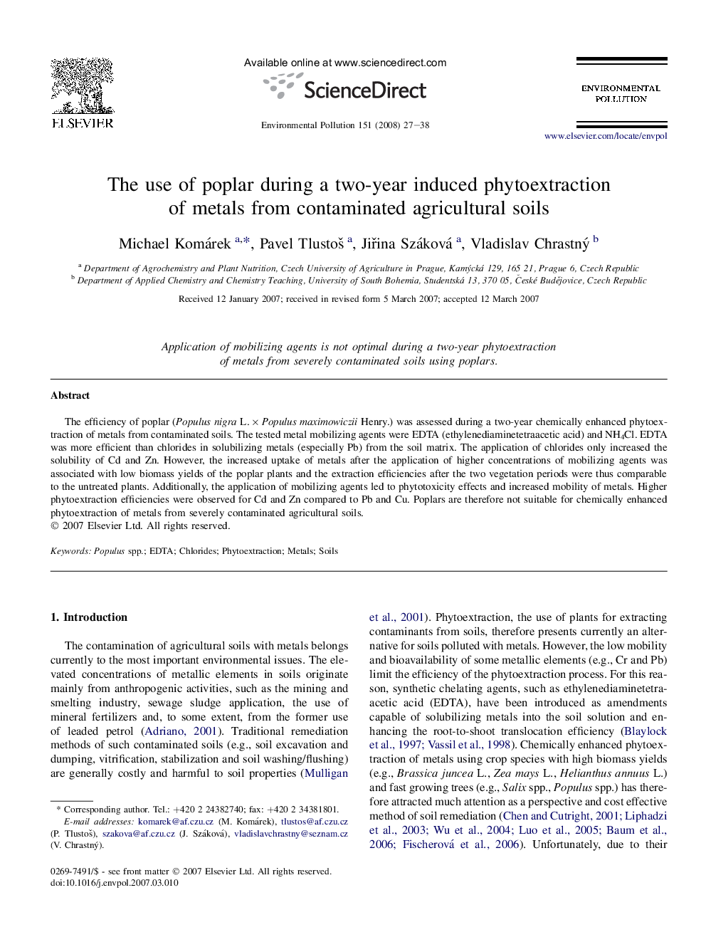 The use of poplar during a two-year induced phytoextraction of metals from contaminated agricultural soils