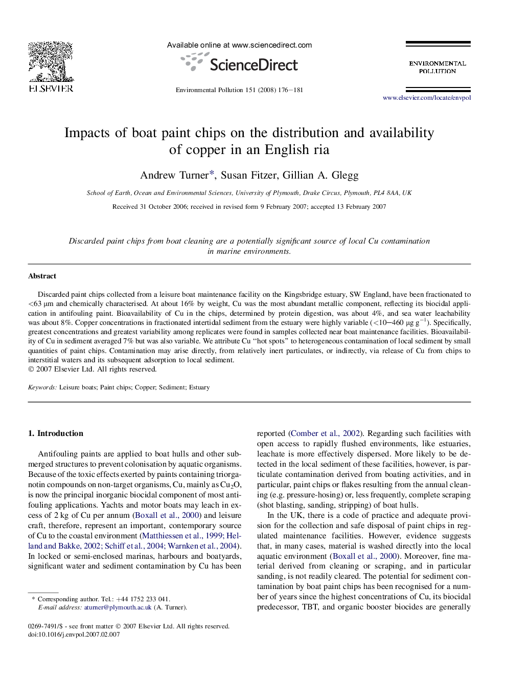 Impacts of boat paint chips on the distribution and availability of copper in an English ria