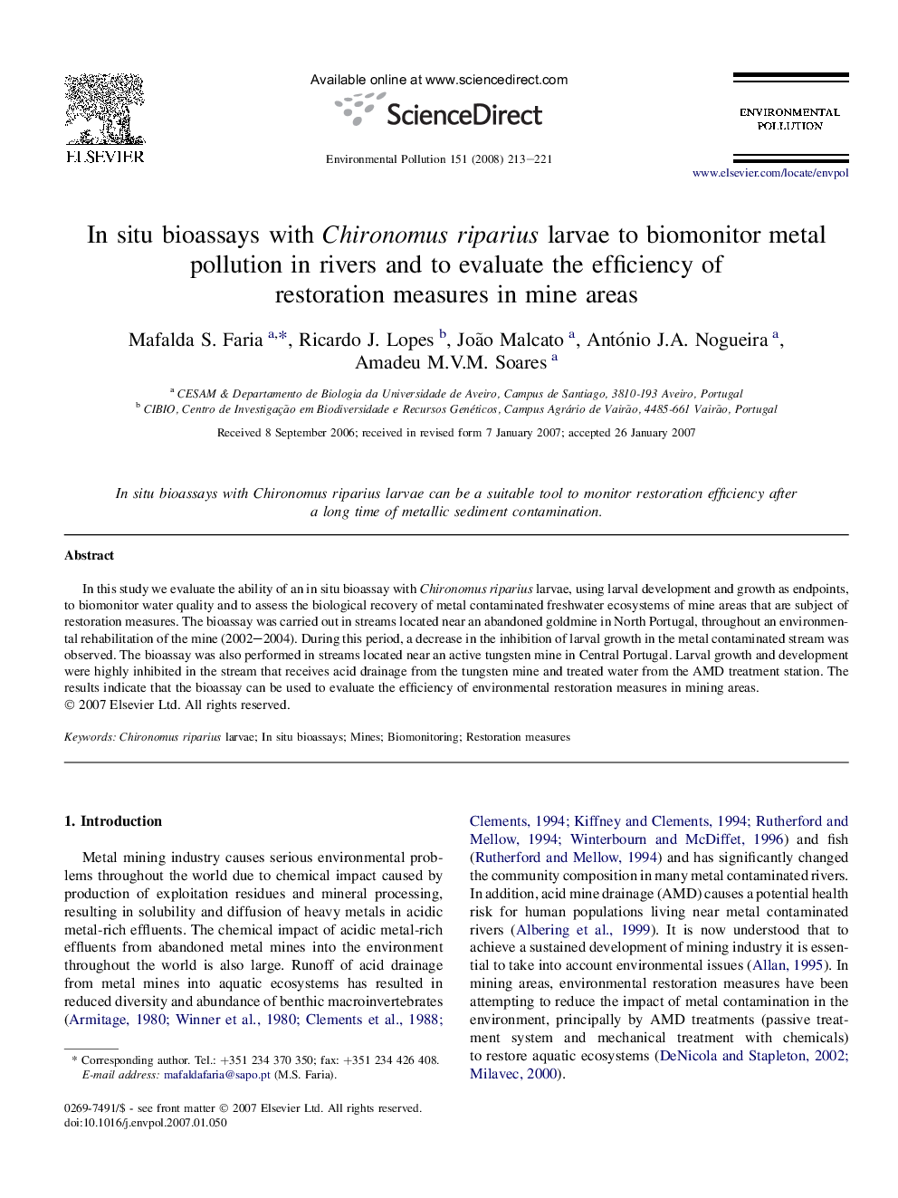 In situ bioassays with Chironomus riparius larvae to biomonitor metal pollution in rivers and to evaluate the efficiency of restoration measures in mine areas